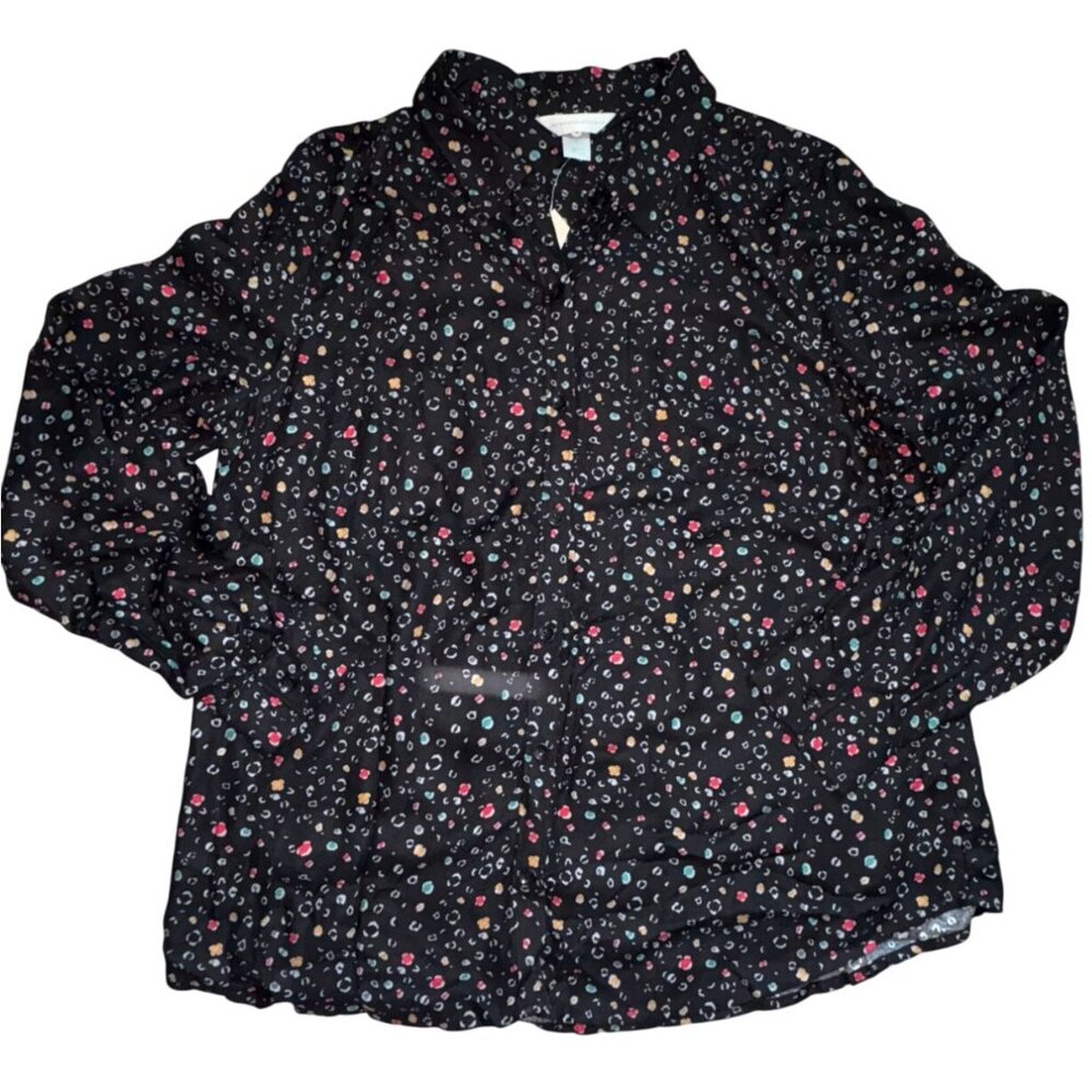 Christopher & Banks Womens Collared Button Front Blouse-Black-Size L-NWT
